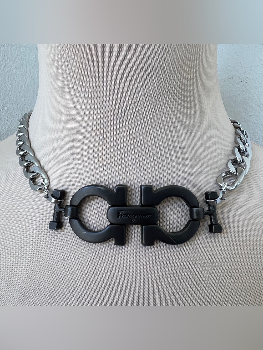 Custom Salvatore Ferragamo Necklace | Chunky Silver Curb Statement Choker 16”